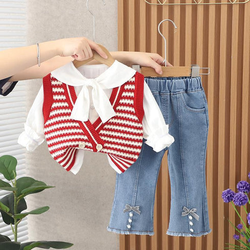 Casual Sweater Vest Three Piece Set Baby Girl Scarf Shirt Long Sleeve Set